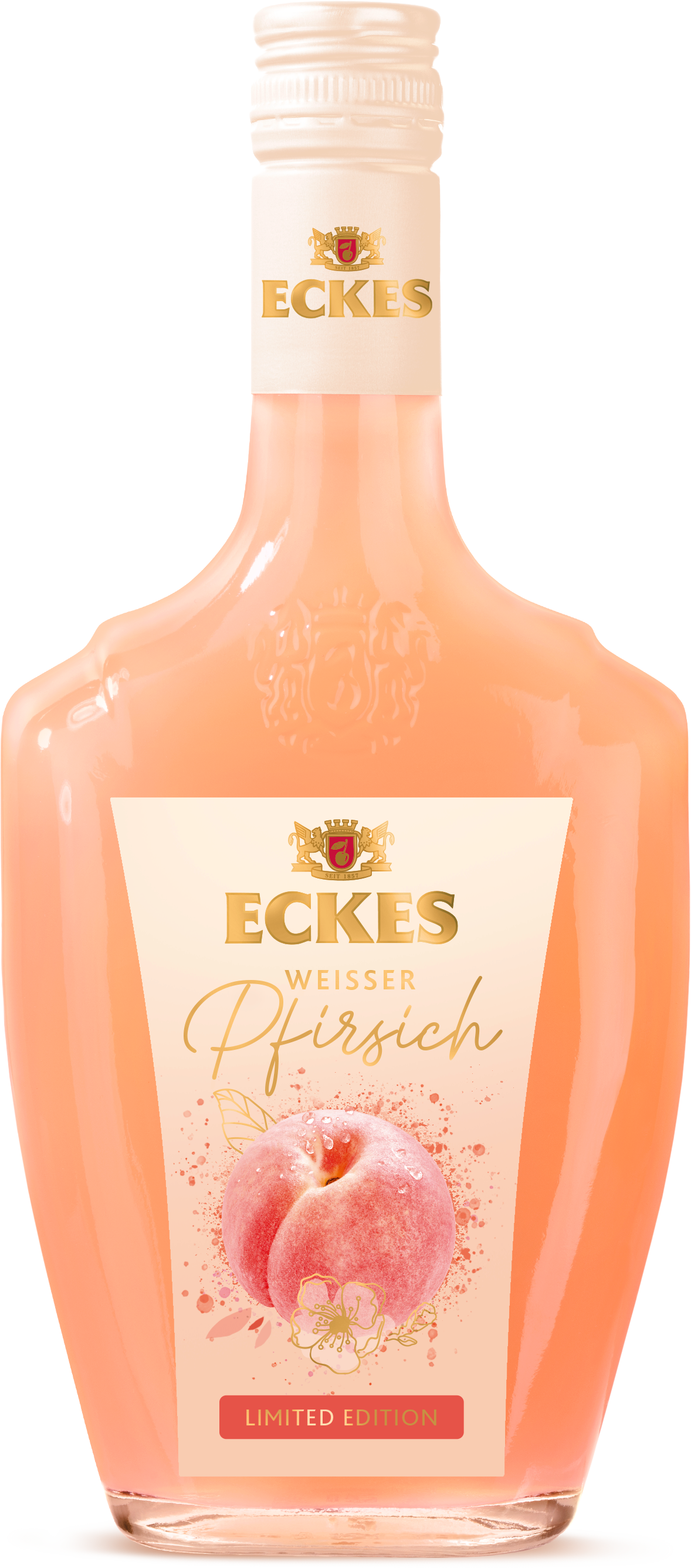 Flasche ECKES Likör in der Sorte Weißer Pfirsich mit zart rosa Etikett und passender Flaschenfarbe.