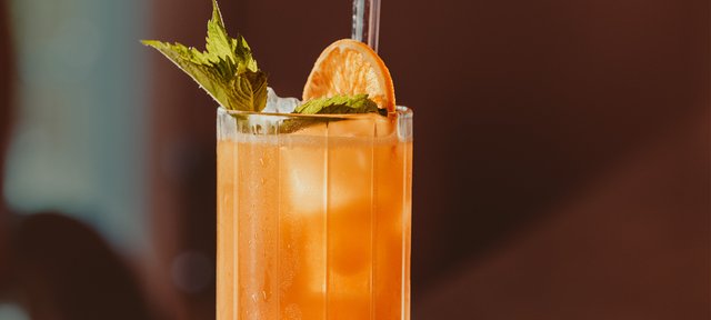 Glas mit ECKES Arcadia Cocktail auf Eis, garniert mit einer Orangenscheibe und frischen Kräutern