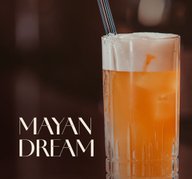 Hohes Glas mit orangefarbenem Mayan Dream Cocktail, Schaumkrone und Eiswürfeln.