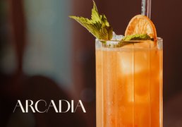 Hohes Glas mit orangefarbenem ECKES Arcadia Cocktail, garniert mit Minzblättern und einer Orangenscheibe.